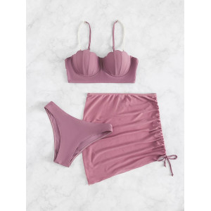Costum de baie 3 piese cu push-up, fusta ecurta cu snur reglabil, sutien cu perle decorative, roz #BB2557 - Img 4