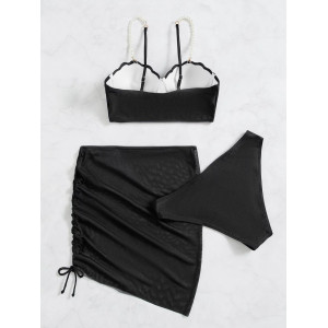 Costum de baie 3 piese cu push-up, fusta scurta cu snur reglabil, sutien cu perle decorative, negru #BB2001 - Img 5