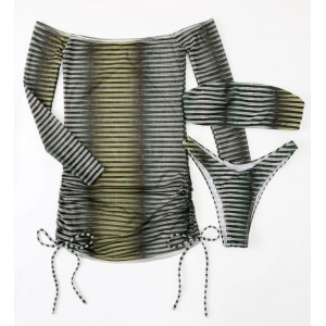 Costum de baie 3 piese cu rochie scurta, snururi reglabile, sutien fara bretele, negru/ kaki #BB2305 - Img 3