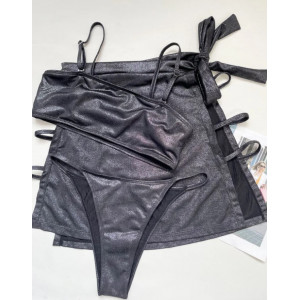 Costum de baie 3 piese metalizat, fusta cu decupaj lateral, sutien tip bustiera, negru #BB2371 - Img 6