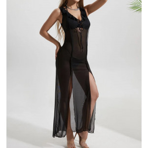 Costum de baie 3 piese, rochie lunga din voal cu crapaturi pe picioare, negru #BB2408 - Img 4