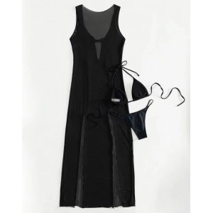 Costum de baie 3 piese, rochie lunga din voal cu crapaturi pe picioare, negru #BB2408 - Img 14