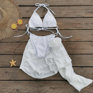 Costum de baie 3 piese texturat cu fusta si trandafir mare decorativ, alb #BB2508 - Img 7