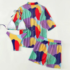 Costum de baie 4 piese cu camasa si pantalon scurt, imprimeu multicolor #BB2131 - Img 14