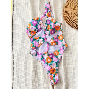 Costum de baie intreg pe un umar, cu decupaje si snur decorativ impletit, multicolor #BB1096 - Img 4