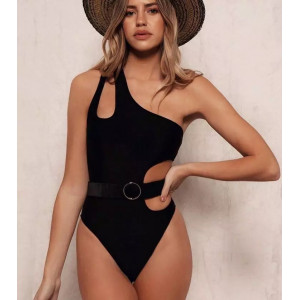 Costum de baie intreg pe un unar cu decupaje si curea decorativa, negru #BB1139 - Img 1