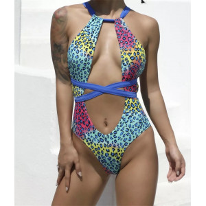 Costum de baie intreg sexy, cu decolteu adanc si spatele gol, imprimeu leopard, albastru/ multicolor #BB1062 - Img 1