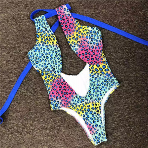 Costum de baie intreg sexy, cu decolteu adanc si spatele gol, imprimeu leopard, albastru/ multicolor #BB1062 - Img 9