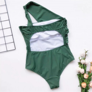 Costum de baie intreg sexy, pe un umar, cu decupaj la spate, verde khaki #BB1089 - Img 6