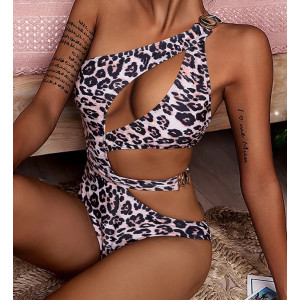 Costum de baie intreg sexy, pe un umar, cu decupaje, imprimeu leopard, alb/maro #BB1161 - Img 1