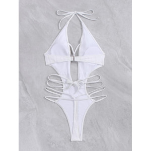 Costum de baie intreg tanga texturat, cu decupaje, decolteu si snururi, alb #BB1194 - Img 4