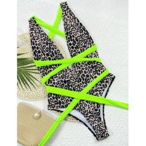 Costum de baie intreg versatil, decolteu adanc, imprimeu leopard, negru/ bej/ verde neon #BB1012 - Img 4