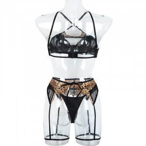 Lenjerie intima sexy, set negru cu broderie aurie, sutien, chilot si accesoriu tale cu portjartiera #BB4378 - Img 15