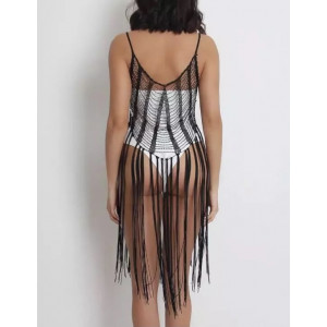 Rochie de plaja midi crosetata fin cu franjuri lungi si strasuri argintii, negru #BB1104 - Img 9