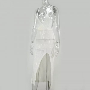 Rochie lunga de plaja, tricotata, cu decolteu, crapatura pe picior si spatele gol, alb #BB1147 - Img 15