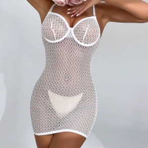 Rochie sexy de noapte din dantela elastica cu snur reglabil la spate, alb #BB4082 - Img 3