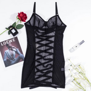 Rochie sexy de noapte din dantela fina elastica cu snur reglabil la spate, negru #BB4124 - Img 13