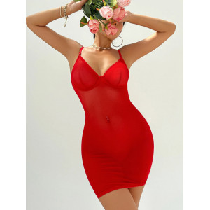 Rochie sexy de noapte din dantela fina elastica cu snur reglabil la spate, rosu #BB4123 - Img 10