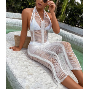 Rochie sexy lunga de plaja, crosetata fin, cu franjuri orizontale, alb #BB1057 - Img 1