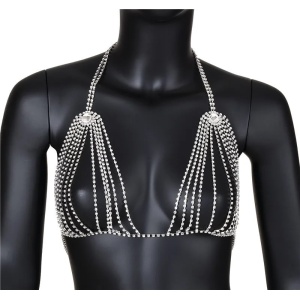 Set body chain sutien si slip cu cristale transparente si lanturi, argintiu #BB4705 - Img 2