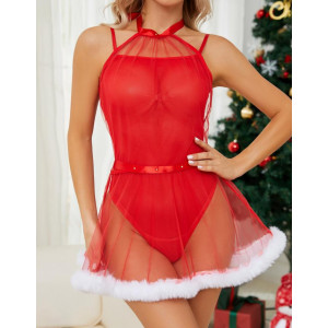 Set lenjerie intima craciunita sexy din datela fina elastica si puf alb decorativ, rosu, 2 piese #BB4373 - Img 3