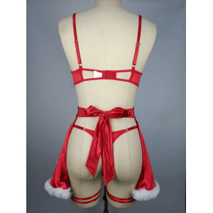 Set lenjerie intima craciunita sexy, satinat, cu funda mare la sutien, rosu, 3 piese #BB4386 - Img 9