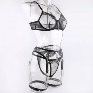 Set lenjerie intima se y din dantela brodata si lanturi decorative, negru, 4 piese #BB4003 - Img 13