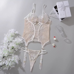 Set lenjerie intima sexy din dantela brodata cu corset , alb, 2 piese #BB4760 - Img 4