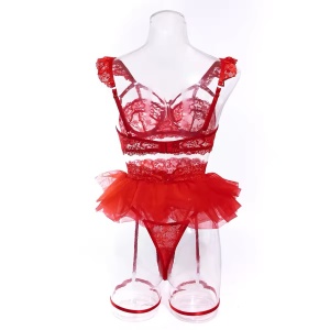 Set lenjerie intima sexy din dantela brodata cu insertii subtile aurii, rosu, 4 piese #BB4153 - Img 18