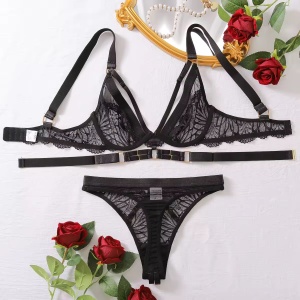 Set lenjerie intima sexy din dantela brodata, negru, 2 piese #BB4762 - Img 9