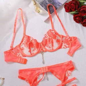 Set lenjerie intima sexy din dantela brodata si elemente metalice decorative, portocaliu corai, 3 piese #BB4122 - Img 16