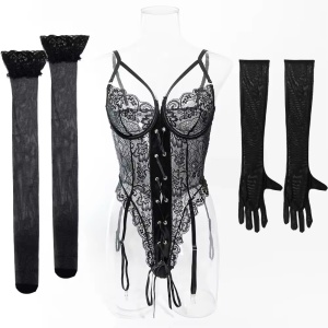 Set lenjerie intima sexy din dantela cu body, manusi si ciorapi plasa, negru, 3 piese #BB4408 - Img 18