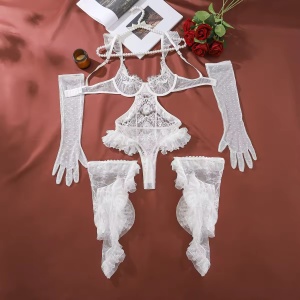Set lenjerie intima sexy din dantela cu manusi si ciorapi inalti, alb, 3 piese #BB4755 - Img 10
