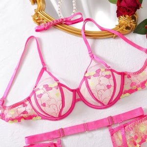 Set lenjerie intima sexy din dantela fina brodata, inimioare decorative si manusi, roz neon, 6 piese #BB4713 - Img 15