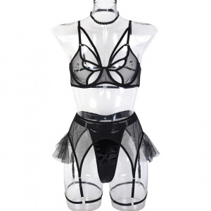 Set lenjerie intima sexy din dantela finala elastica si piele ecologica, negru, 5 piese #BB4196 - Img 16