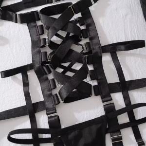 Set lenjerie intima sexy din dantela tip plasa si benzi, ciorapi inalti, negru, 5 piese #BB4396 - Img 13