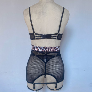 Set lenjerie intima sexy din plasa elastica cu insertii animal print, negru, 4 piese #BB4013 - Img 4