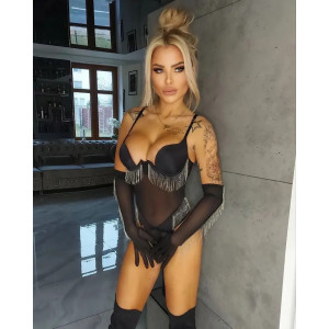 Set lenjerie intima sexy neagra cu franjuri metalice, body si manusi lungi, negru, 2 piese #BB4152 - Img 7