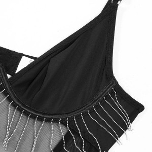 Set lenjerie intima sexy neagra cu franjuri metalice, body si manusi lungi, negru, 2 piese #BB4152 - Img 16