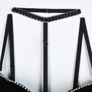 Set lenjerie sexy din catifea si tul, corset cu burete si cristale, negru, 4 piese #BB4188 - Img 10
