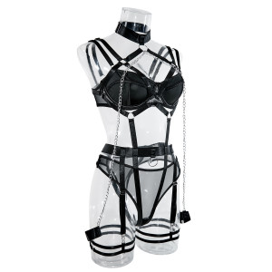 ❗Super Oferta❗Set lenjerie intima sexy cu benzi elastice, lant decorativ si catuse, negru, 4 piese #BB4268 - Img 16