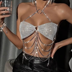 Body chain tip bustiera cu lanturi si cristale, argintiu #BB4787 - Img 9
