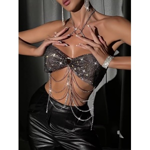 Body chain tip bustiera cu lanturi si cristale, negru #BB4049 - Img 3