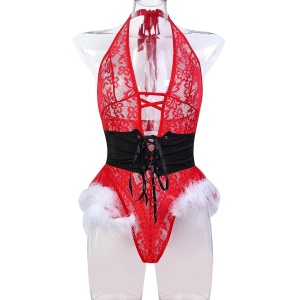 Body craciunita sexy din dantela, cu brau reglabil detasabil si puf alb decorativ, rosu, 2 piese #BB4129 - Img 13