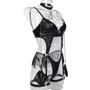 Body sexy din piele ecologica cu accesoriu maini tip catuse, negru, 3 piese #BB4678 - Img 15