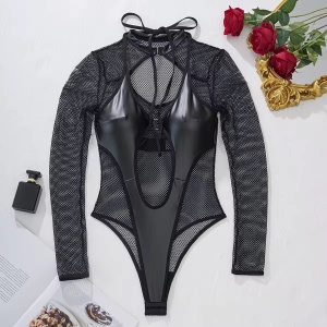 Body sexy din plasa fina elastica si piele ecologica, negru #BB4757 - Img 9