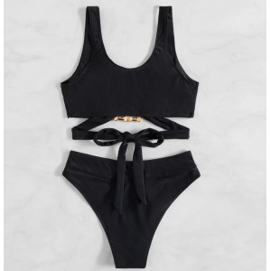 Costum de baie 2 piese cu accesorii metaluce aurii la slip si sutien, negru #BB2527 - Img 4