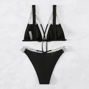 Costum de baie 2 piese cu decupaje, bretele si cristale decorative, negru #BB2101 - Img 9