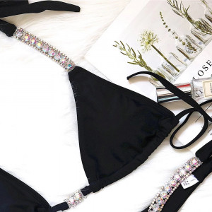 Costum de baie 2 piese cu elemente metalice si cristale decorative la slip si sutien, negru#BB2537 - Img 8