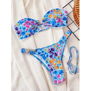 Costum de baie 2 piese cu imprimeu floral, sutien cu catarama metalica si bretele detasabile, albastru #BB2495 - Img 3